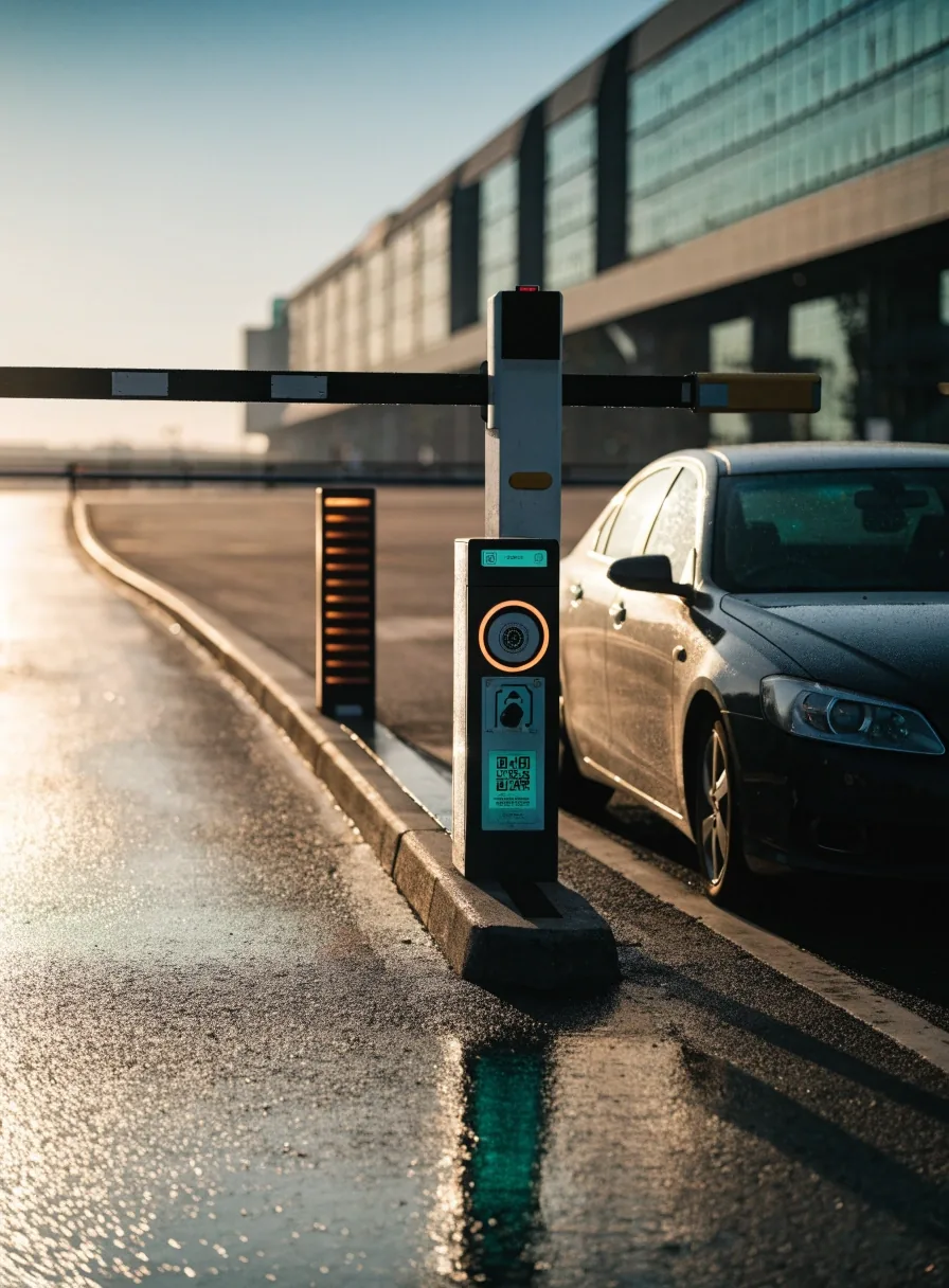 Entry barrier lane at a Melbourne Airport car park with the ticket and QR reader column lit
