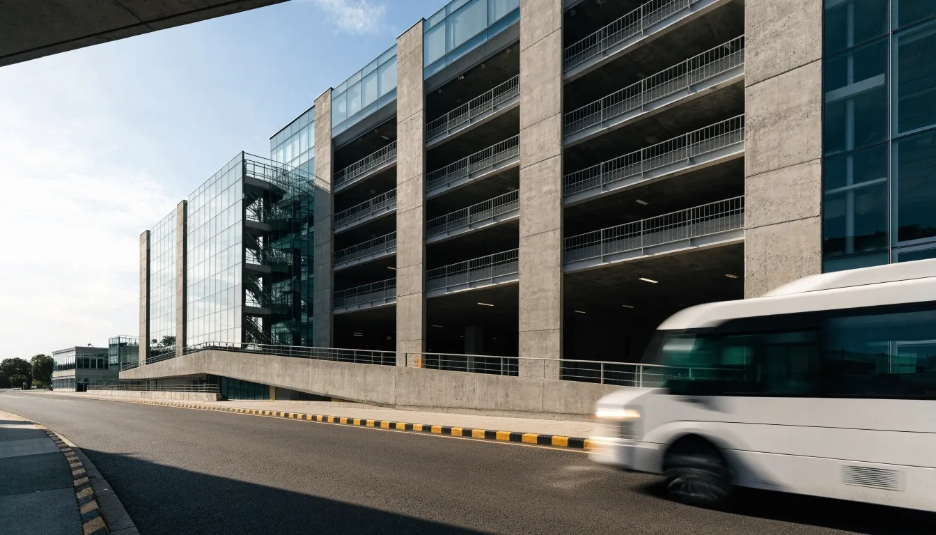 Multi-storey onsite car park at Melbourne Airport viewed from the kerbside vehicle lane