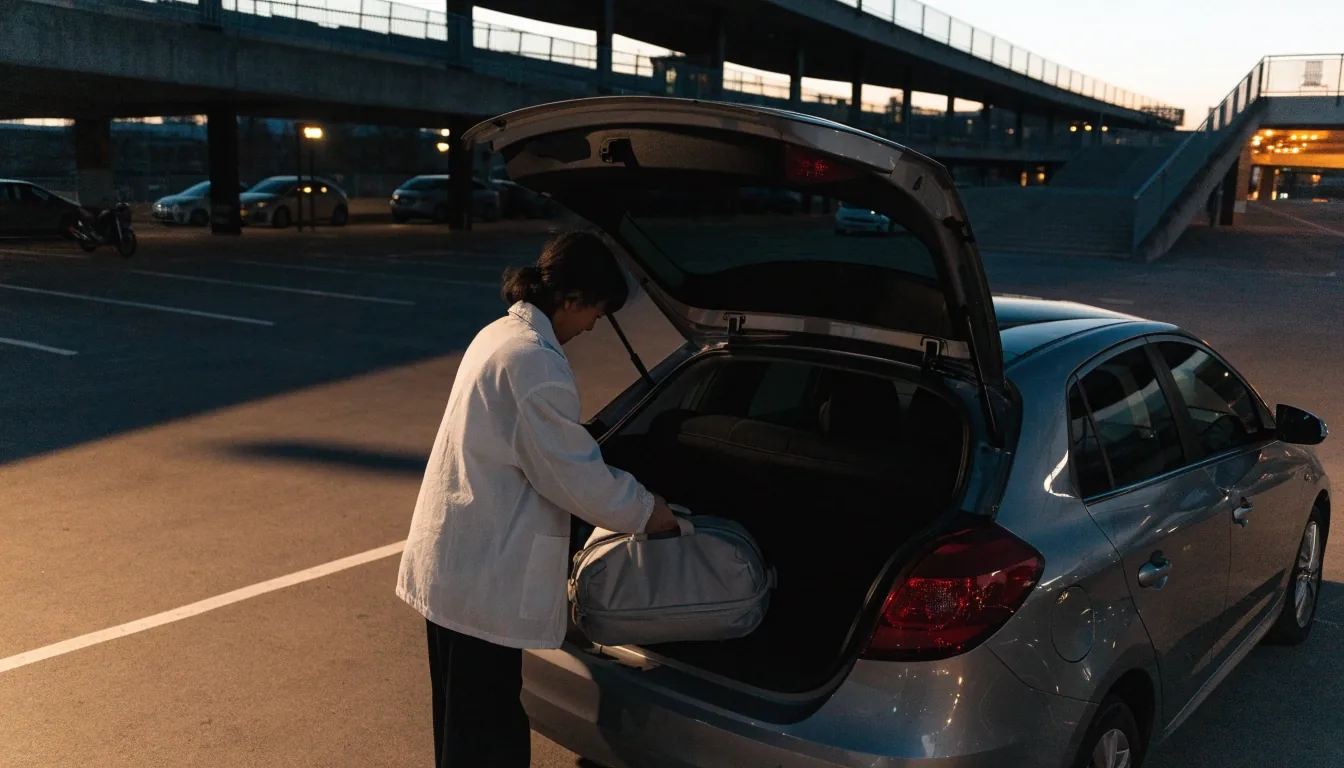 Traveller unloading luggage at a Melbourne Airport onsite car park before walking to the terminal