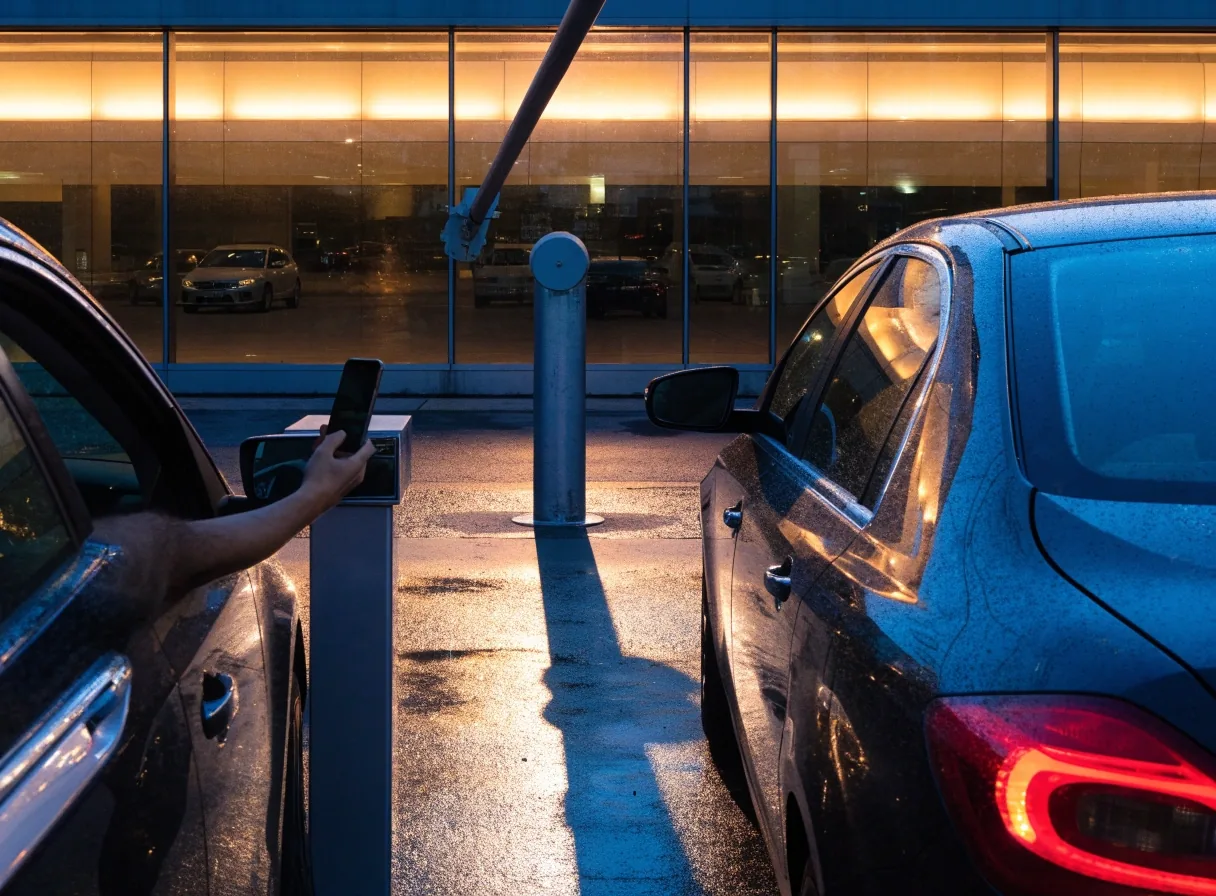 Melbourne Airport terminal forecourt at blue hour with wet kerbside drop-off lane and glass facade