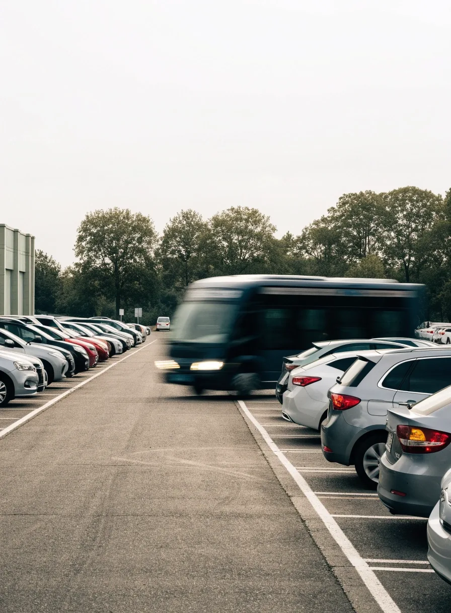 Open-air long-stay car park rows at Melbourne Airport with a shuttle bus moving along the internal road