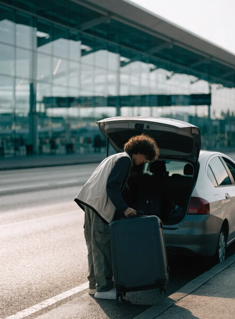 Traveller lifting a suitcase from a car boot on the departures roadway at Melbourne Airport