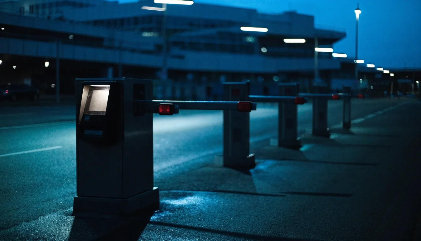 Boom gates and payment machine at the exit lane of a Melbourne Airport car park at dusk