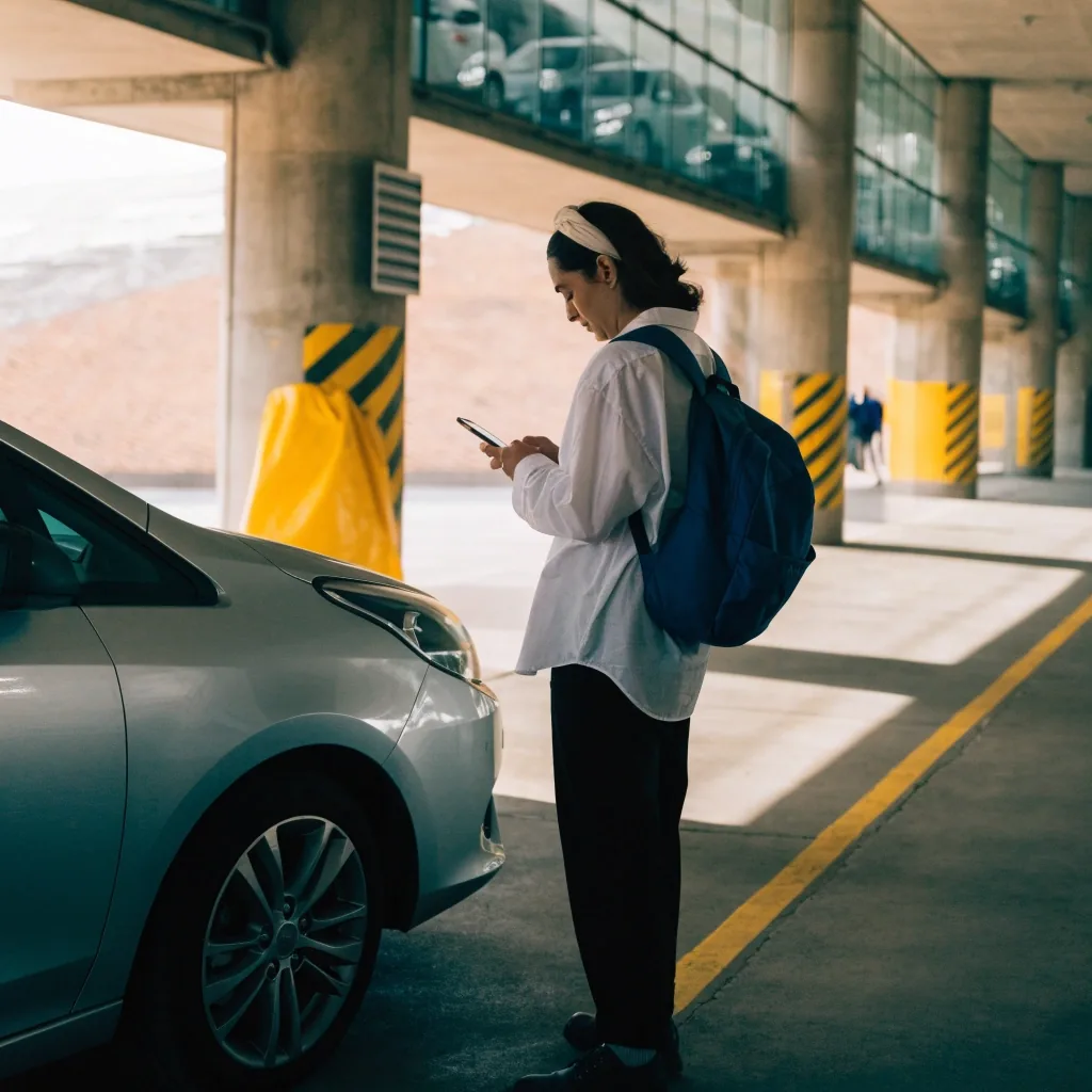 Traveller checking parking details beside a car inside a Melbourne Airport multi-level car park