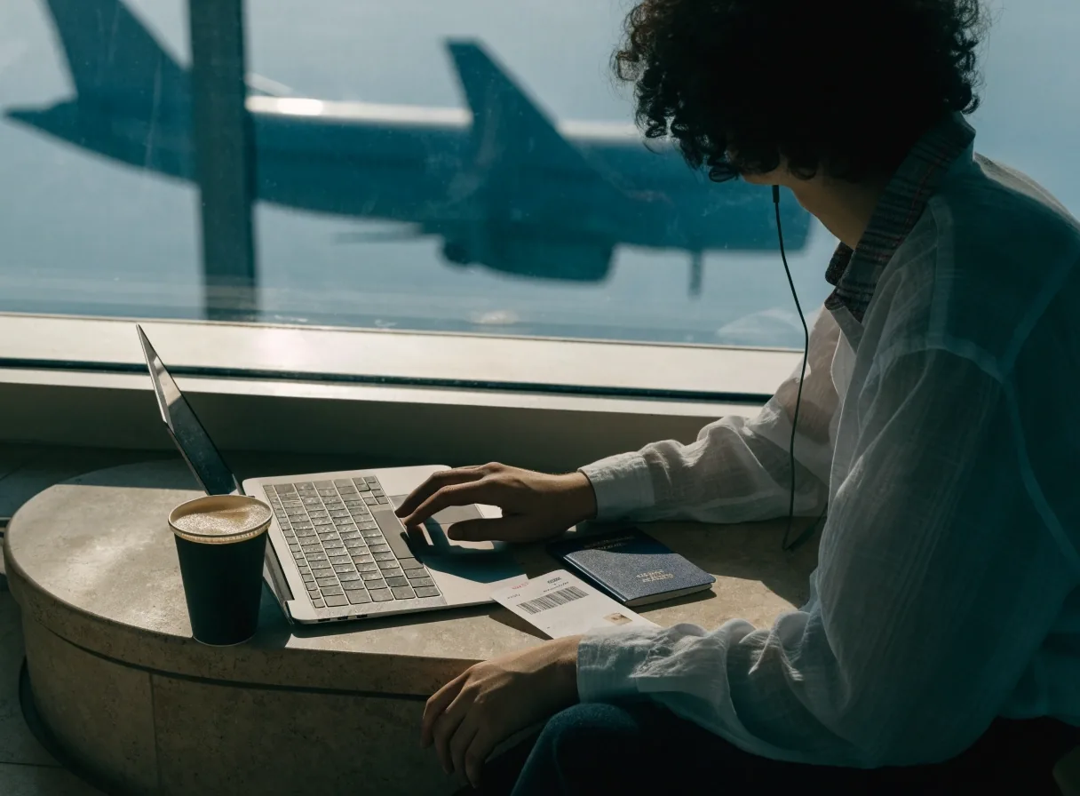 Traveller adjusting browser settings on a laptop before a flight