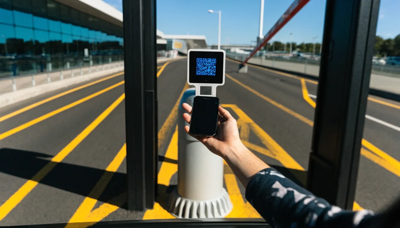 A traveller standing at a car park entry lane holding a phone ready to scan