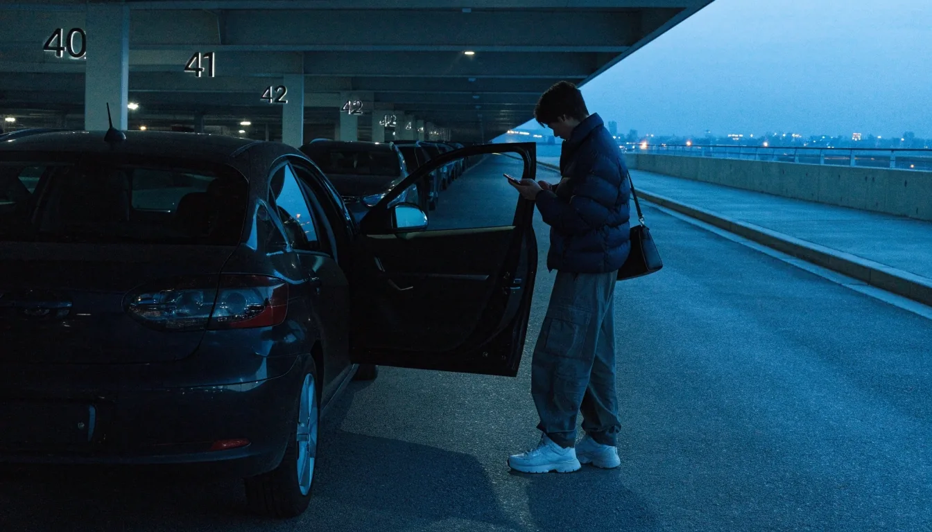 A quiet rooftop level of a car park near Melbourne Airport at early evening