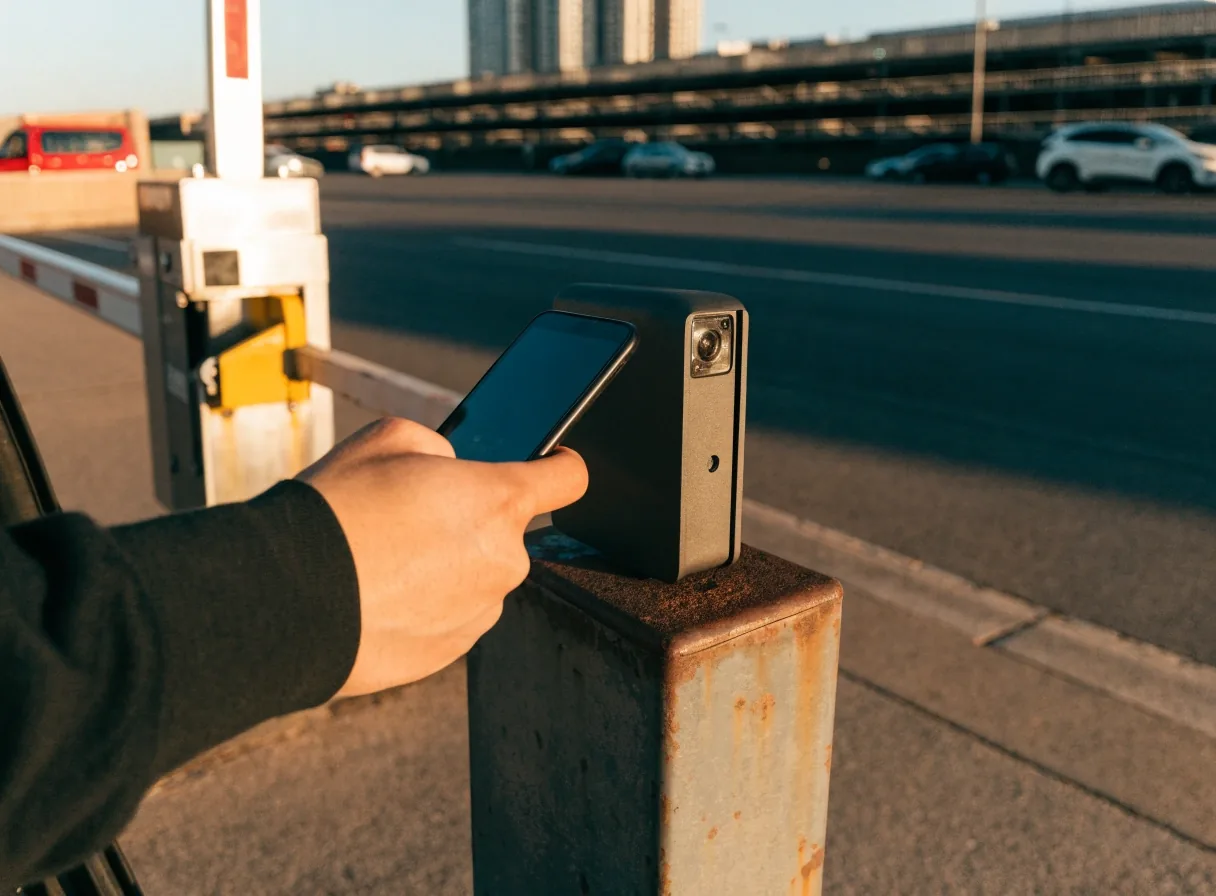 A driver scanning a phone at the entry barrier reader of a Melbourne Airport car park
