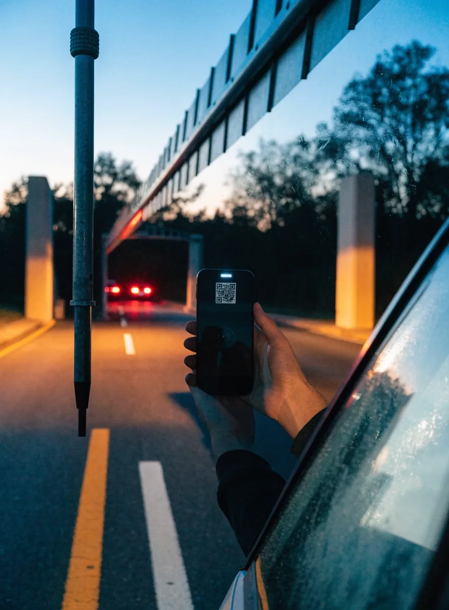 An exit lane at a Melbourne Airport car park at dusk with the boom barrier raised