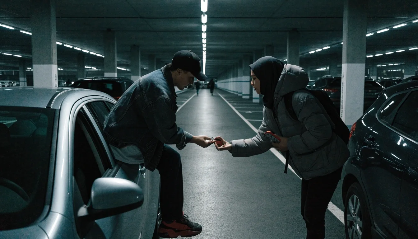 A driver handing keys and their phone to a friend in an airport forecourt at night so the friend can collect the parked car