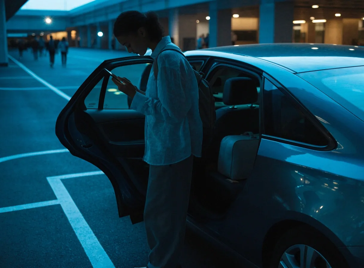 A driver closing the boot of a car in an airport car park at dusk before heading to the terminal