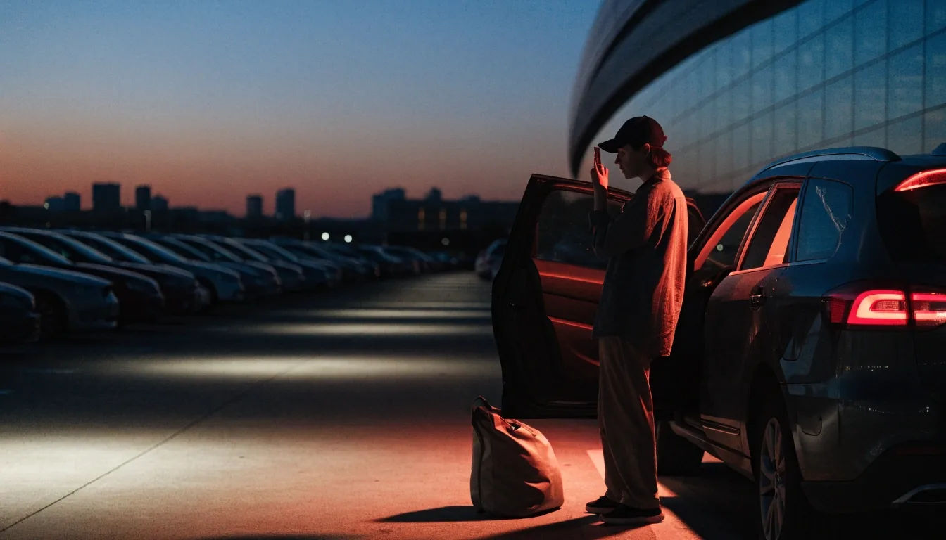 An empty airport drop-off kerb at blue hour with a car pulling away towards the terminal