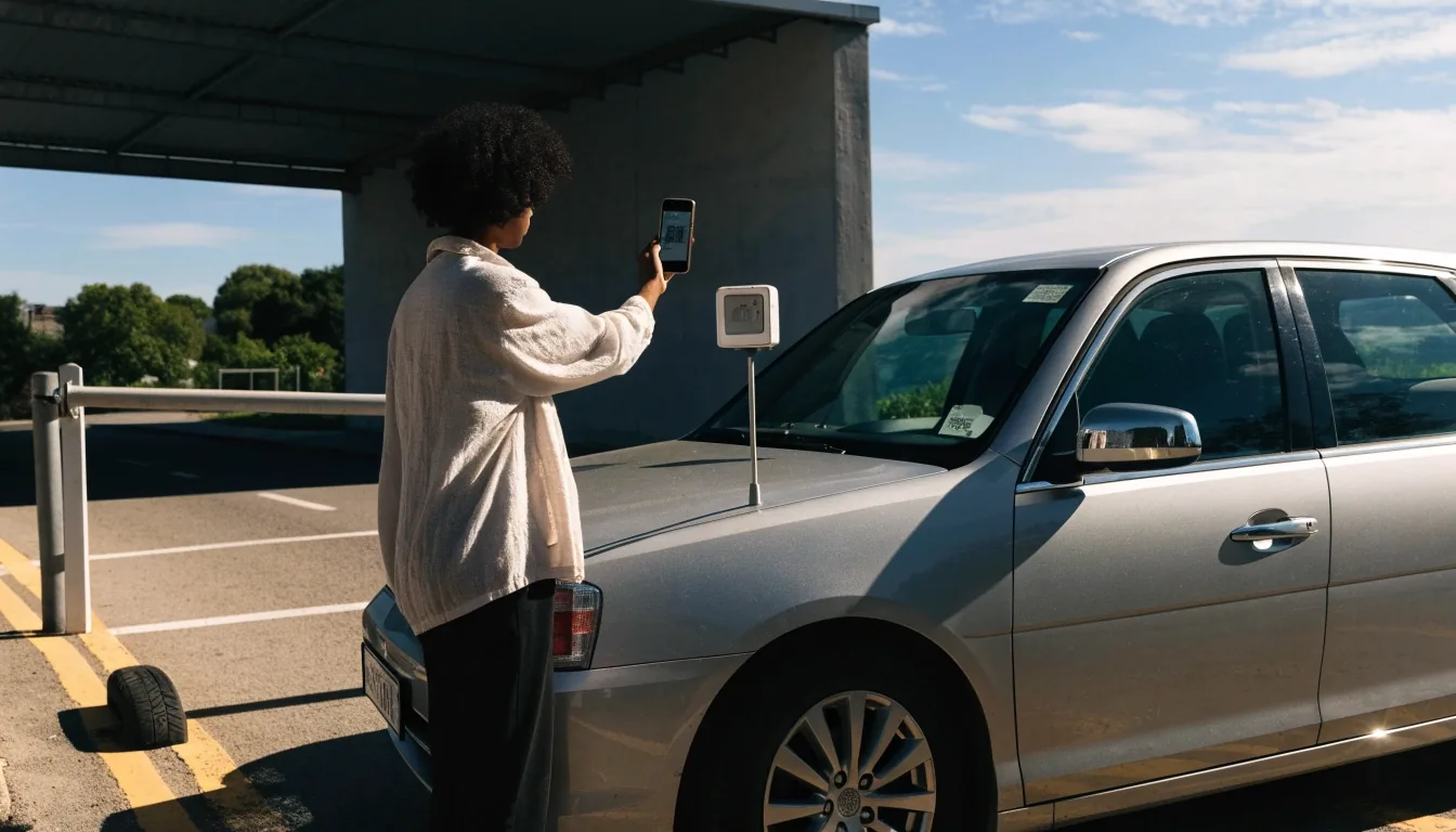 A driver reaching from an open window toward the entry reader arm of a Melbourne airport car park