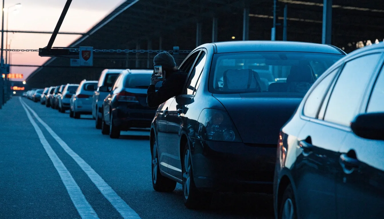 A traveller lifting luggage from the boot of a car in a floodlit airport car park at night