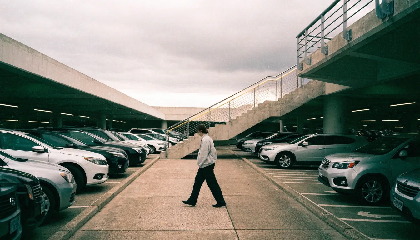 Parked cars on the open top deck of a multi-level car park at Melbourne Airport