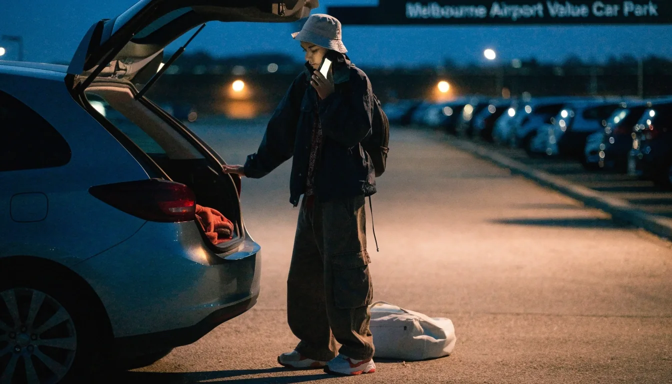 Rows of parked cars on a car park apron at dusk, with a softly glowing terminal in the distance