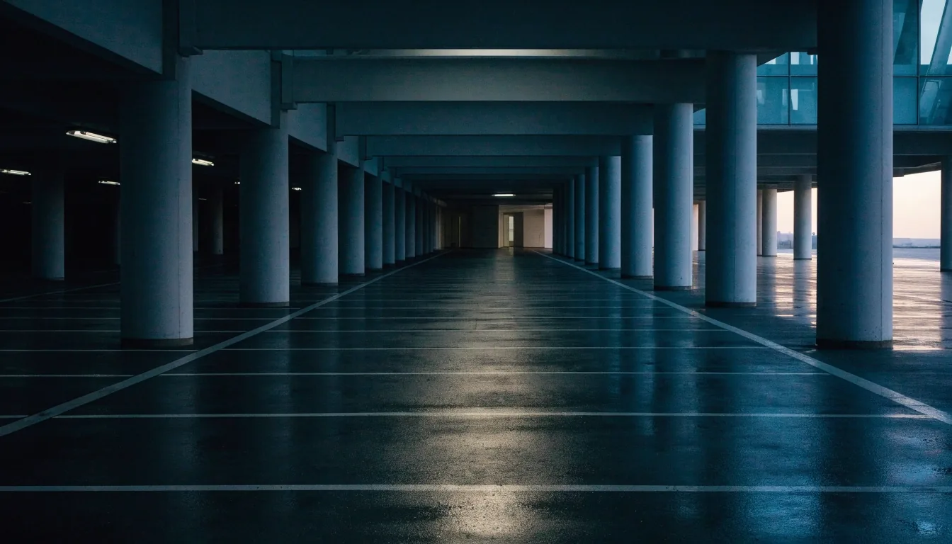 Quiet multi-level airport car park interior at dusk with rows of empty bays