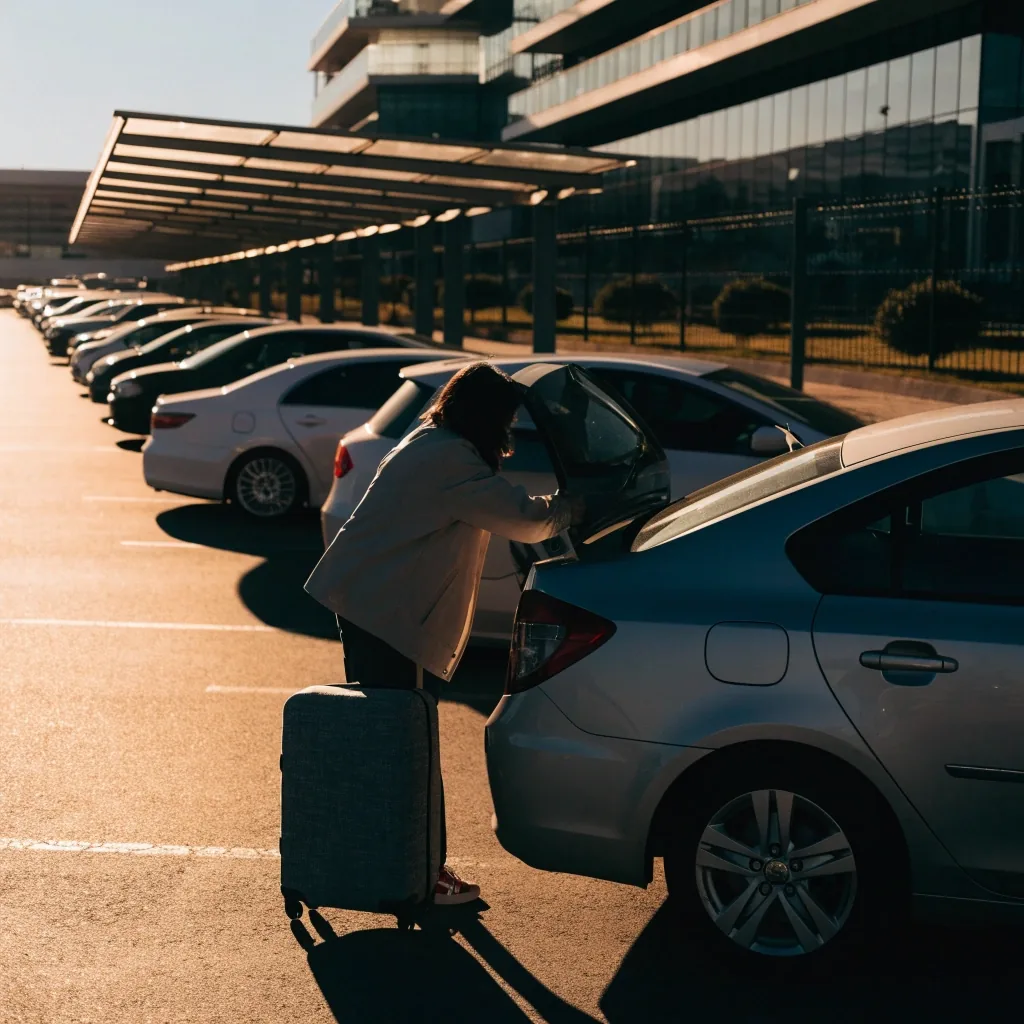 Traveller loading luggage into a car in an airport car park at golden hour