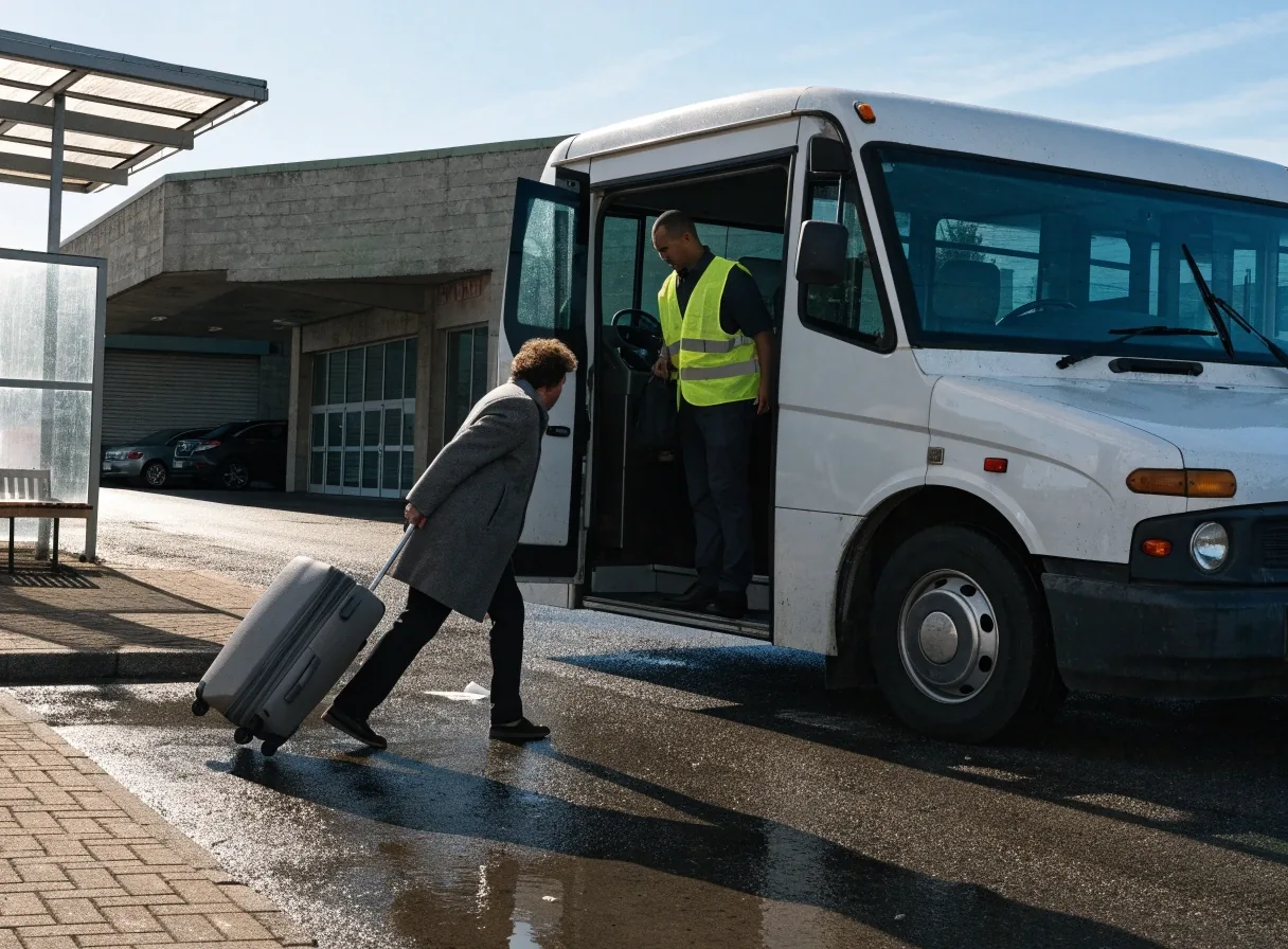 Free shuttle bus waiting at the Value car park stop with a traveller approaching