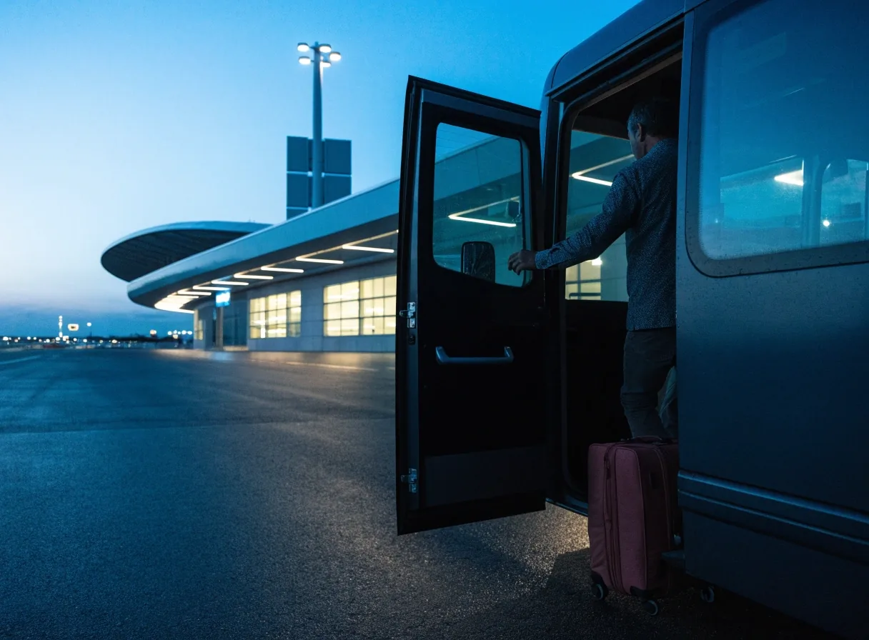 Terminal kerbside at blue hour with travellers arriving by car