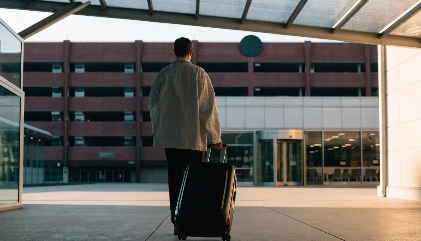 Traveller walking with luggage from Premium parking toward the terminal