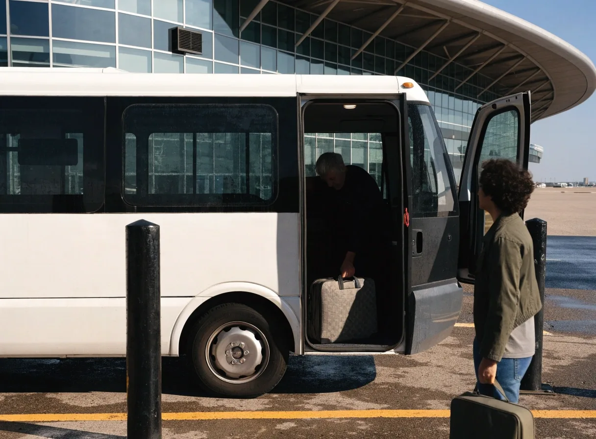 Travellers walking with luggage from a car park toward a Melbourne Airport terminal entrance