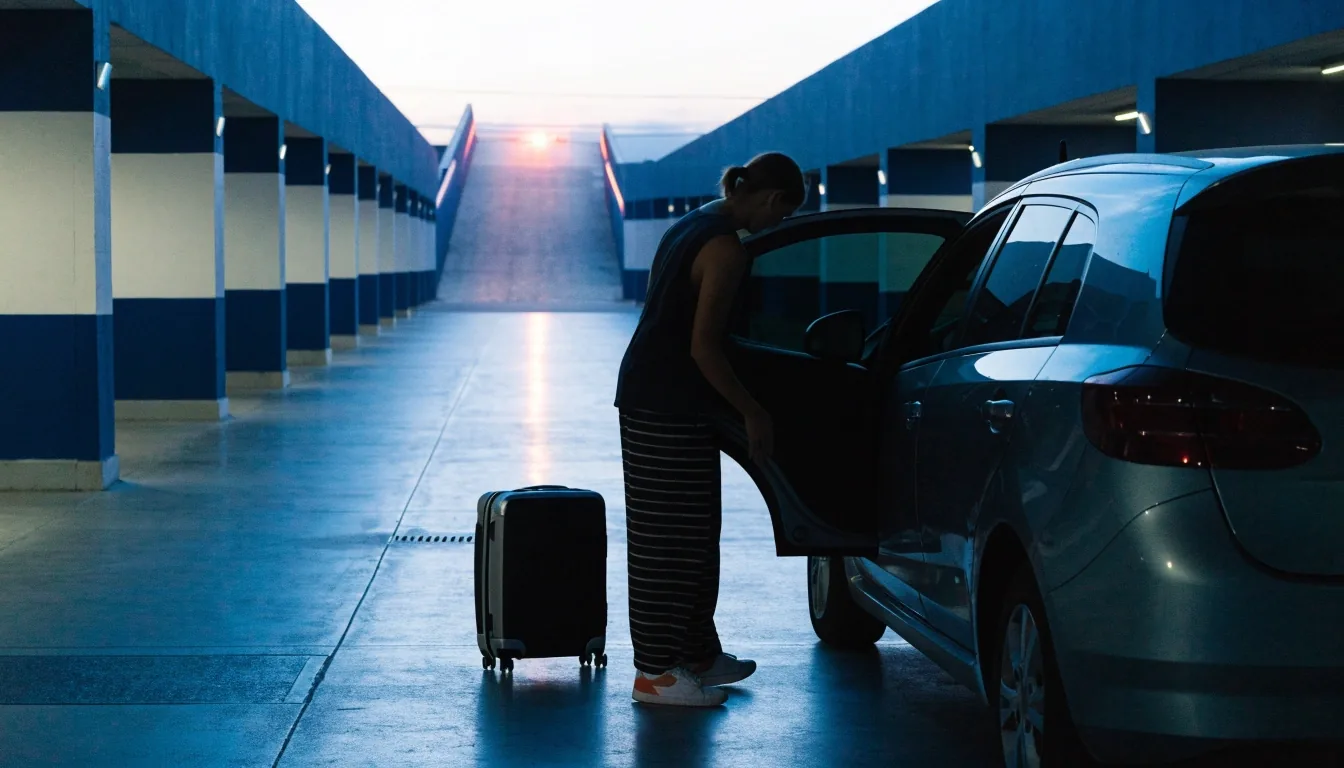 A driver preparing luggage beside a parked car in an outdoor car park near Melbourne Airport